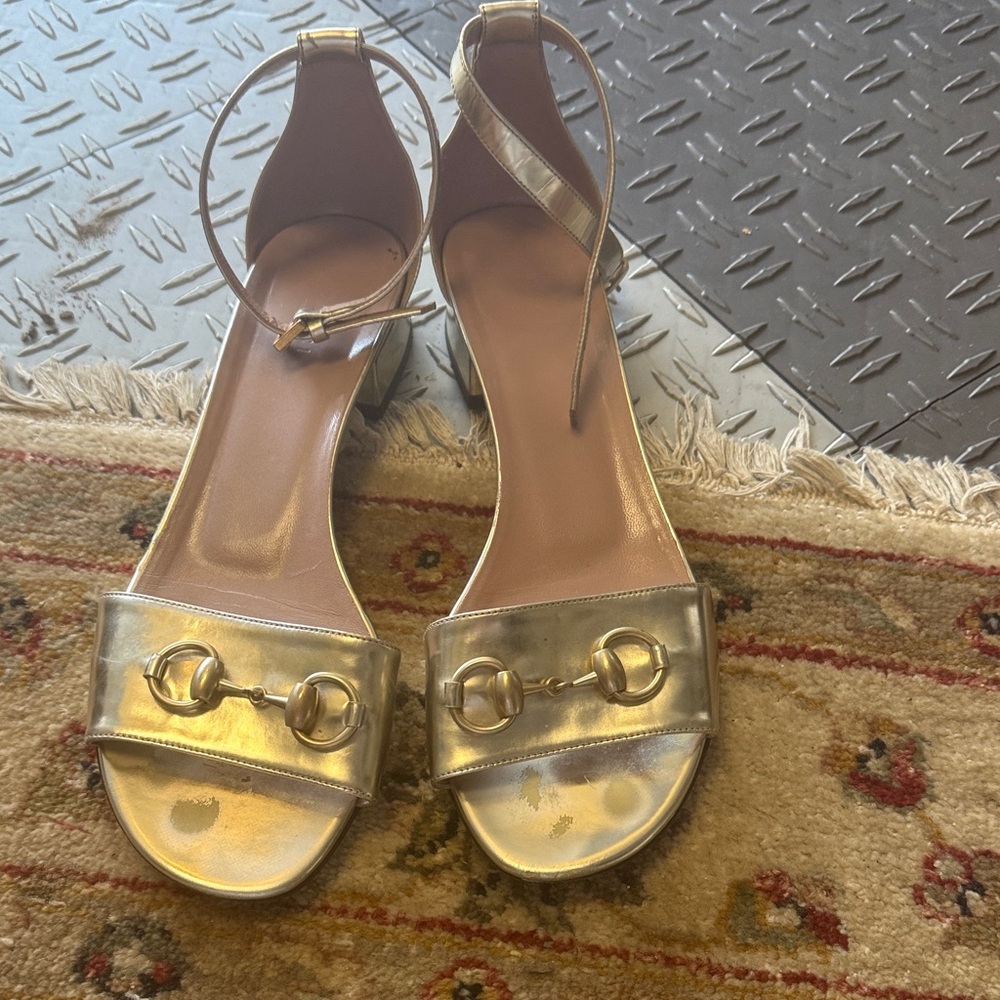 Metallic Gold Ankle-Strap Block Heel Sandals